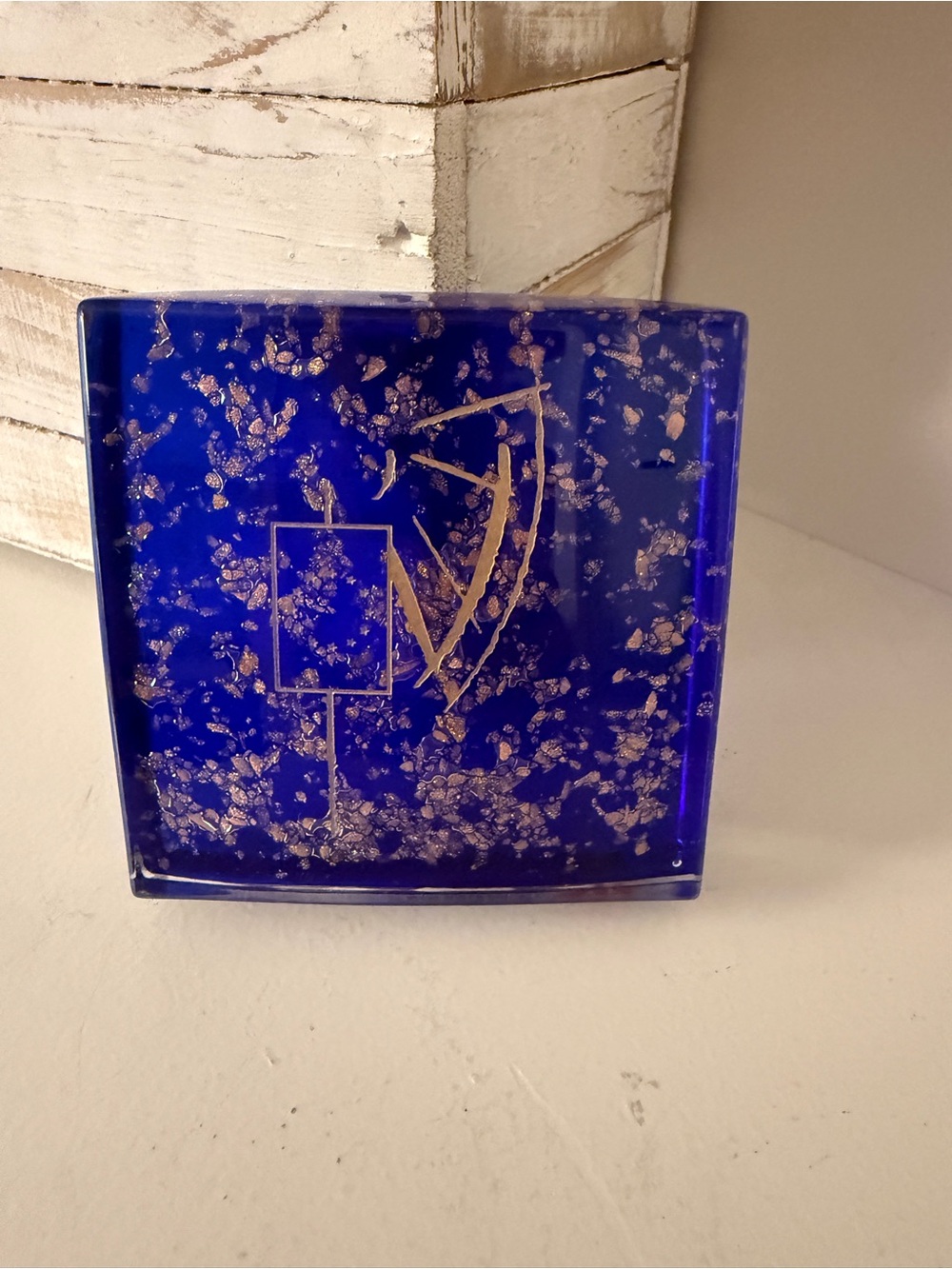 Eugenio Panizzi Murano Art Glass Paperweight Cobalt Blue Gold Aventurine Signed